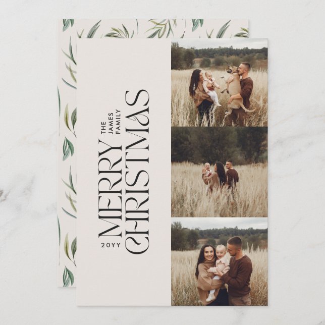 Elegant natural foliage modern minimal multi photo holiday card (Front/Back)