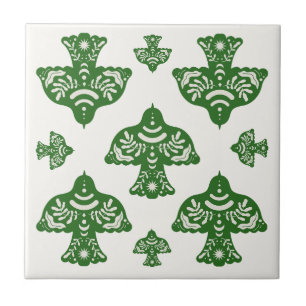 Elegant natural greenery folk art birds Italian Ceramic Tile