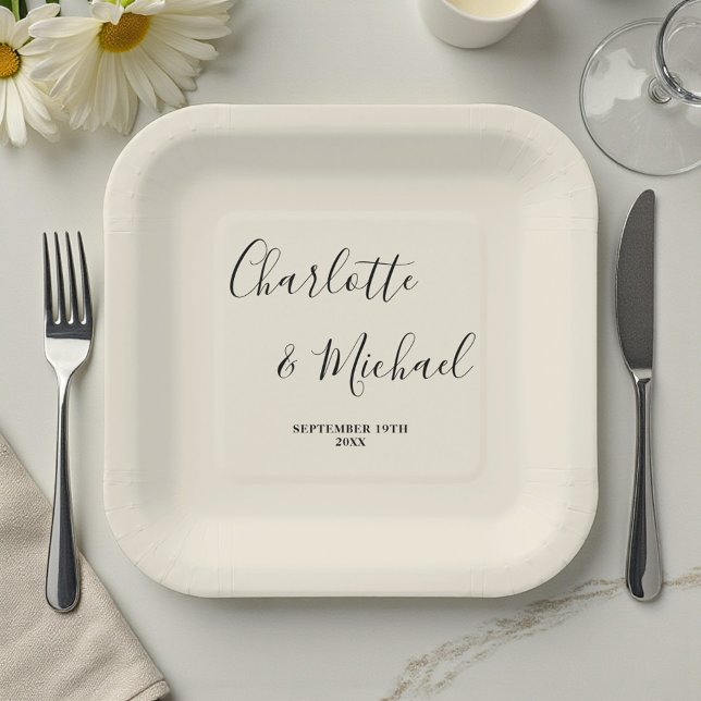Elegant Natural White Script Minimalist Wedding Paper Plate (Creator Uploaded)