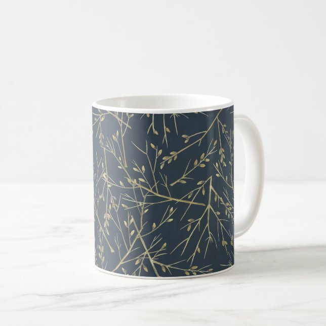 Elegant Nature Twigs and Branches Pattern Blue Coffee Mug (Front Right)