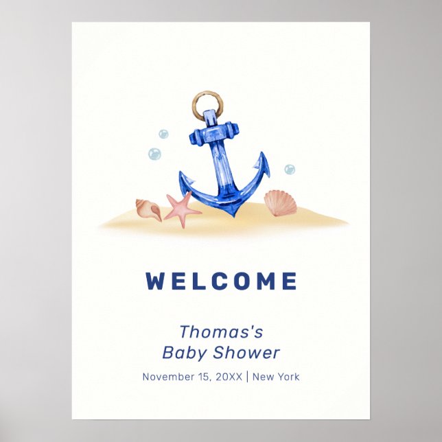 Elegant Nautical Anchor Boy Baby Shower Welcome  Poster (Front)