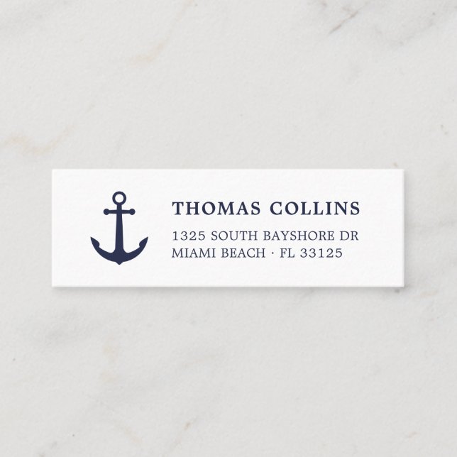 Elegant Nautical Anchor Navy Blue and White |  Mini Business Card (Front)