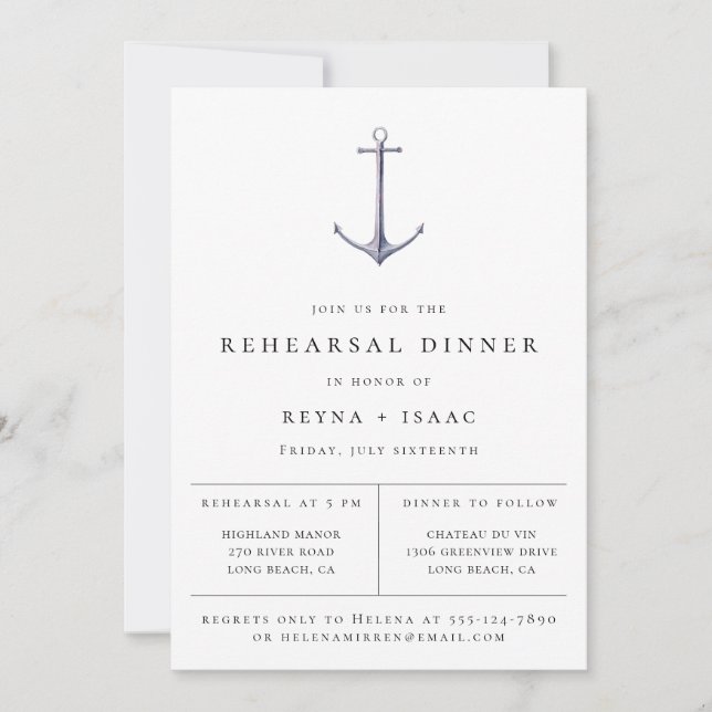 Elegant Nautical Anchor Rehearsal Dinner Announcement (Front)
