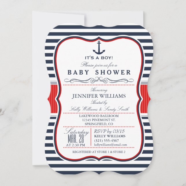 Elegant Nautical Baby Shower Invite; Navy and Red Invitation (Front)