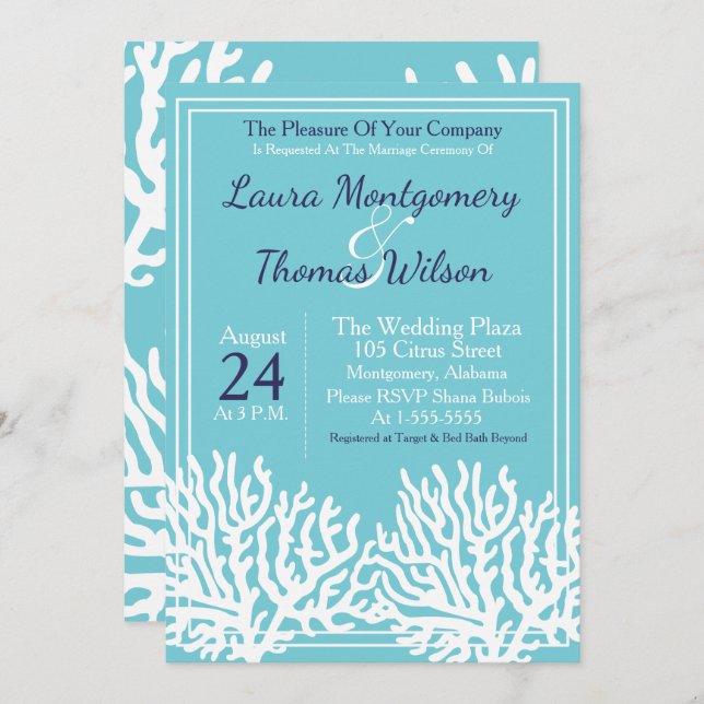 Elegant Nautical Beach White Sea Coral Wedding Invitation (Front/Back)