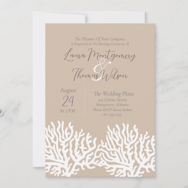 Elegant Nautical Beach White Sea Coral Wedding Invitation (Front)