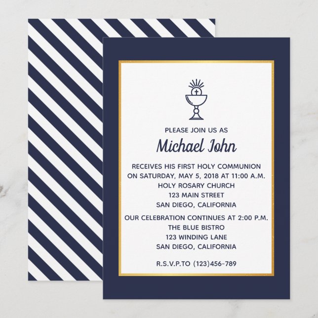 Elegant Nautical Blue Faux Gold First Communion Invitation (Front/Back)