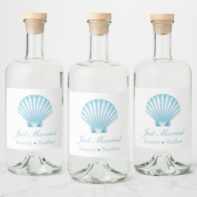  Elegant Nautical Blue Shell Just Married Wedding Liquor Bottle Label (Bottles)