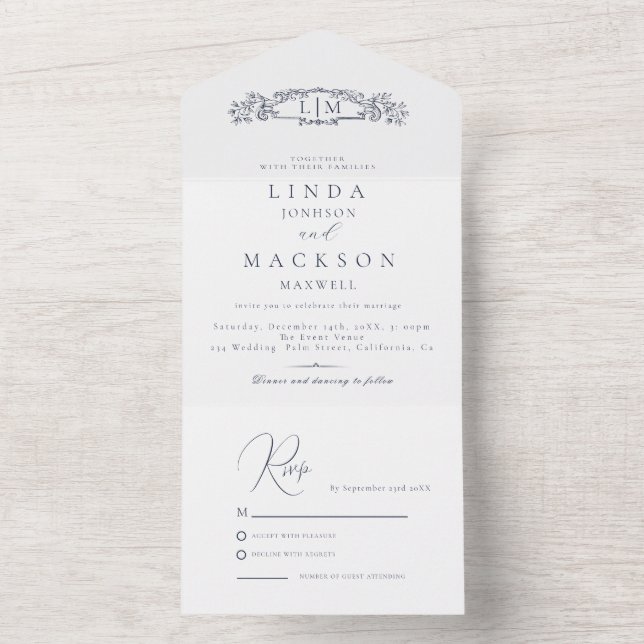 Elegant Nautical botanical crest monogram wedding All In One Invitation (Inside)