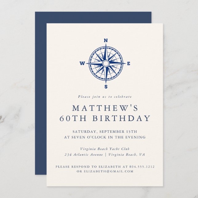 Elegant Nautical Compass Adult Birthday Party  Invitation (Front/Back)