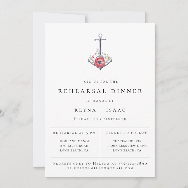 Elegant Nautical Floral Anchor Rehearsal Dinner Announcement (Front)