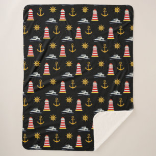 Elegant Nautical Icons on Black Sherpa Blanket