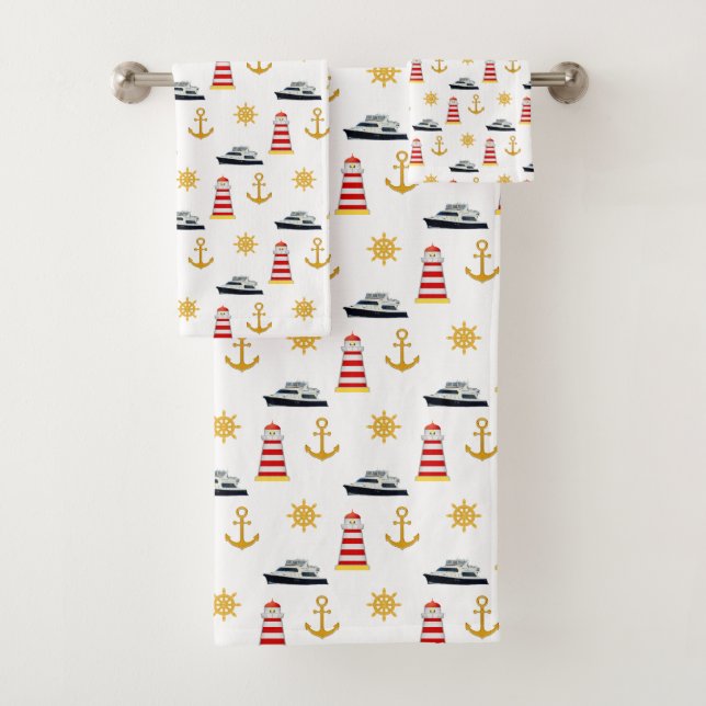 Elegant Nautical Icons on White Bath Towel Set (Insitu)