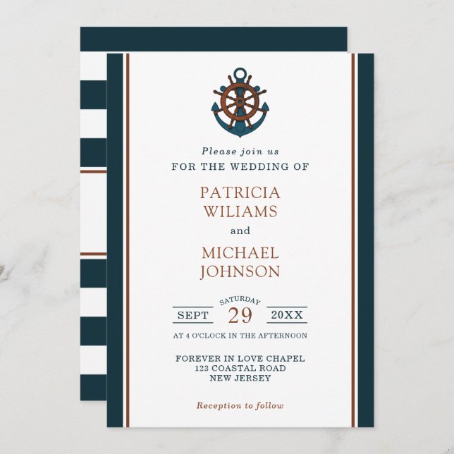 Elegant Nautical Navy Anchor Wedding Invitation (Front/Back)