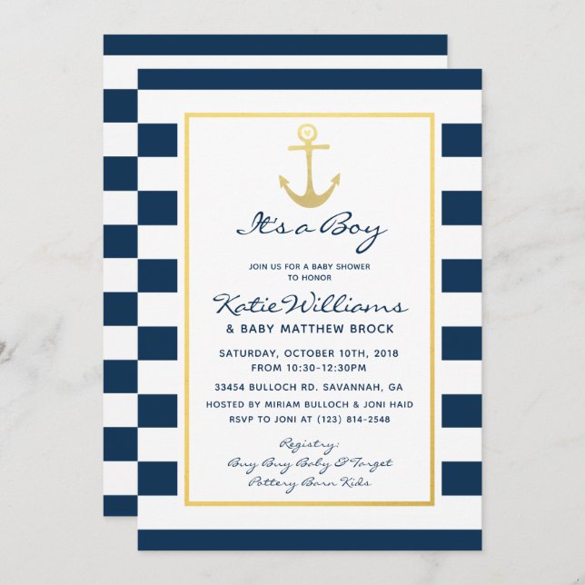 Elegant Nautical Navy and Gold Boy Baby Shower Invitation (Front/Back)