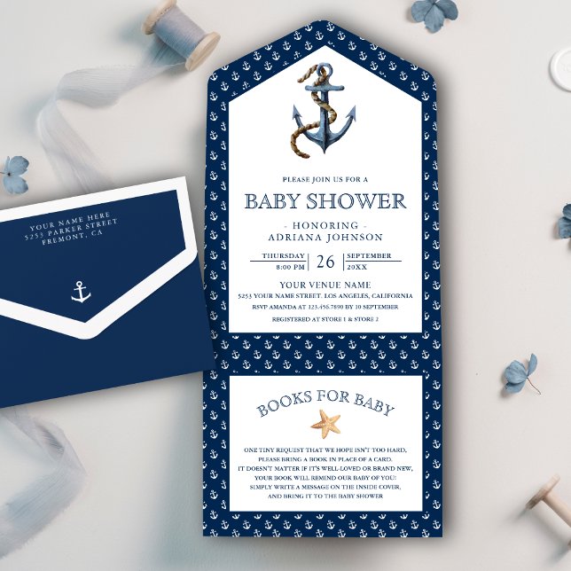 Elegant Nautical Navy Blue Anchor Baby Shower All In One Invitation (Creator Uploaded)