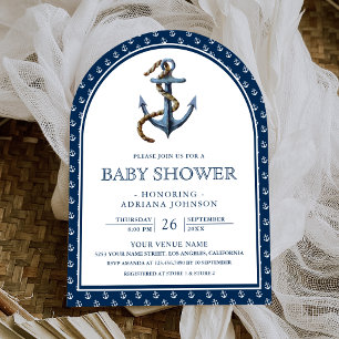 Elegant Nautical Navy Blue Anchor Baby Shower Invitation