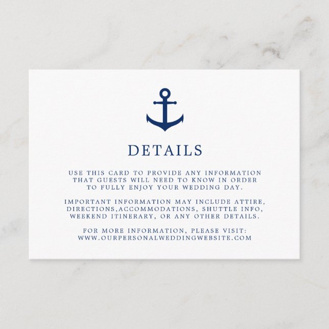 Elegant Nautical Navy Blue Anchor Wedding Details Enclosure Card (Front)