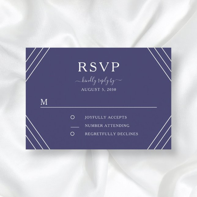 Elegant Nautical Navy Blue Anchor Wedding RSVP Card (Front / Nautical Navy Blue Stripes Gold Anchor Wedding RSVP Card)