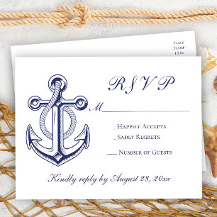 Elegant Nautical Navy Blue Anchor Wedding RSVP Invitation Postcard