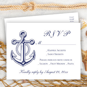Elegant Nautical Navy Blue Anchor Wedding RSVP Invitation Postcard