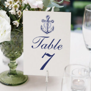 Elegant Nautical Navy Blue Anchor Wedding Table Number