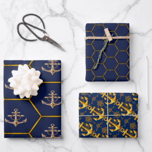 Elegant Nautical Navy & Gold Wrapping Paper Sheet