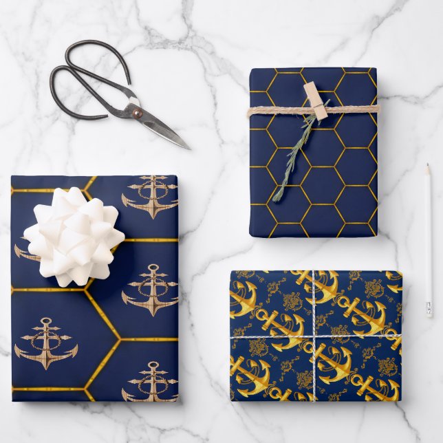 Elegant Nautical Navy & Gold Wrapping Paper Sheet (Front)