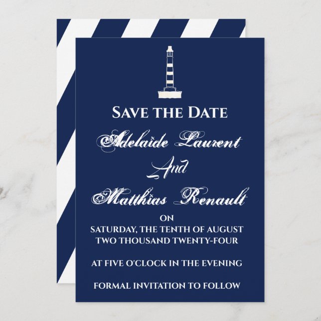 Elegant Nautical Save the Date - Navy Blue, Invitation (Front/Back)