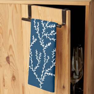Elegant, Nautical Seaweed Pattern Teal Blue Tea Towel