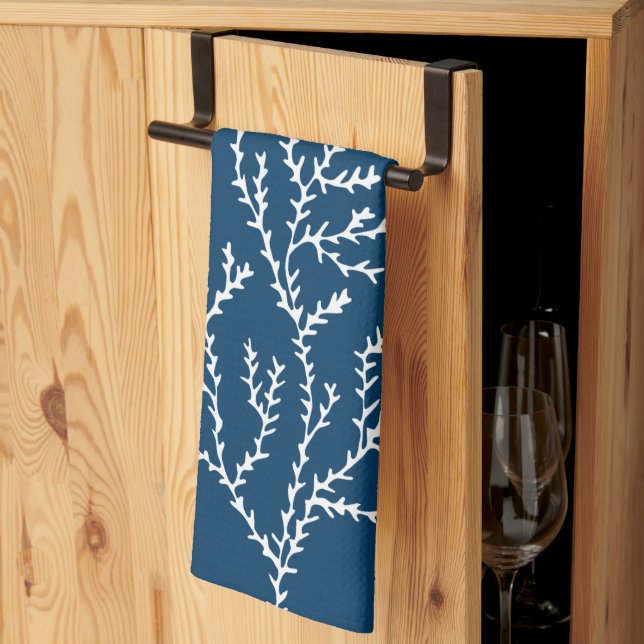 Elegant, Nautical Seaweed Pattern Teal Blue Tea Towel (Thirds Fold)