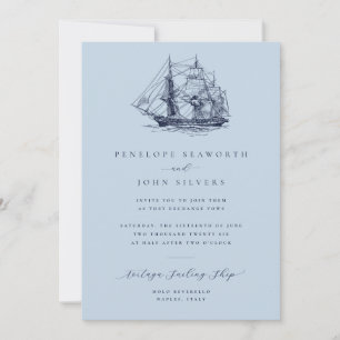 Elegant Nautical Ship Dusty Blue Wedding Invitation