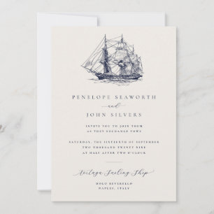 Elegant Nautical Ship Illustration Ivory Wedding Invitation
