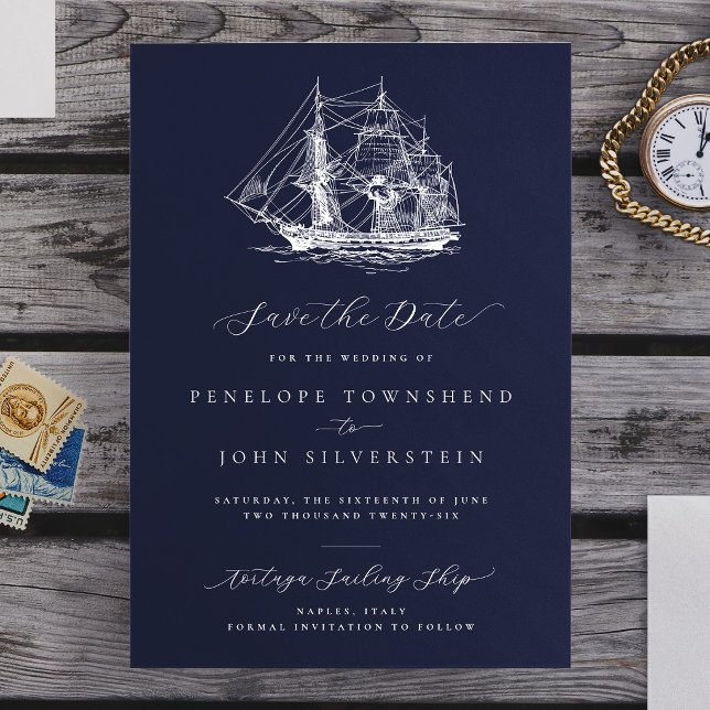 Elegant Nautical Ship Navy Blue Wedding Save The Date (Elegant Nautical Ship Navy Blue Wedding Save The Date)