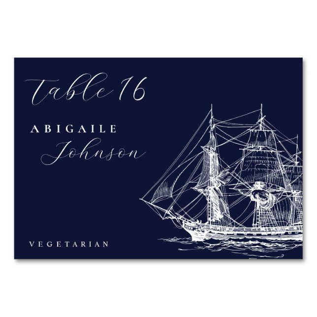 Elegant Nautical Ship Navy Blue Wedding Table Number (Front)