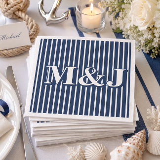ELEGANT Nautical Striped Blue and White Initials Napkin