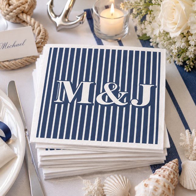 ELEGANT Nautical Striped Blue and White Initials Napkin (Creator Uploaded)