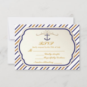 Elegant Nautical Striped Blue Gold Anchor RSVP