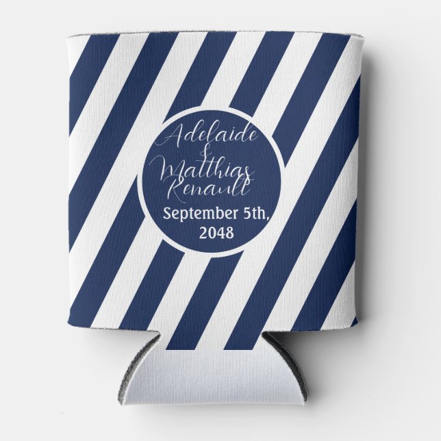 Elegant Nautical Striped Wedding -Navy Blue, White Can Cooler (Front)