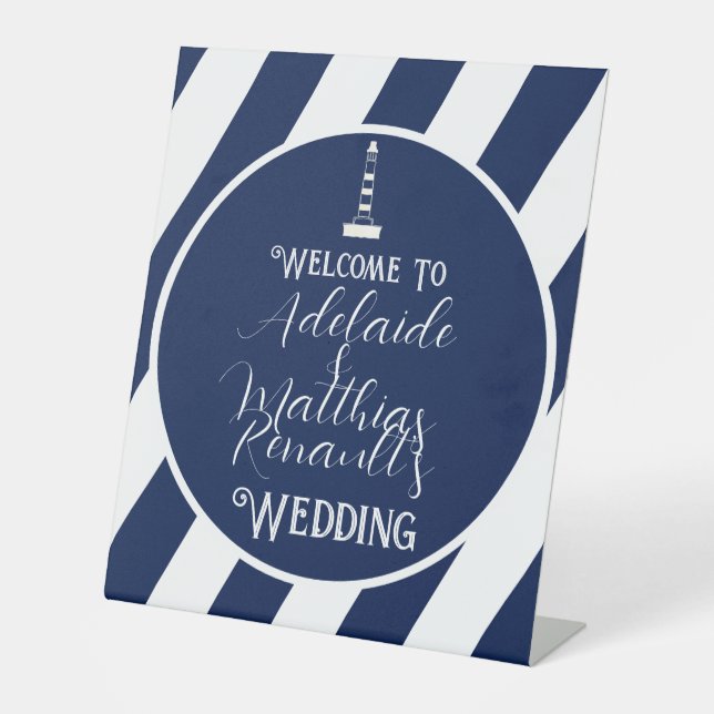 Elegant Nautical Striped Wedding -Navy Blue, White Pedestal Sign (Front)