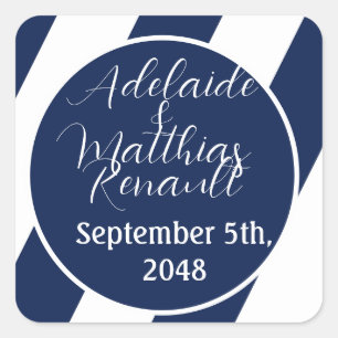 Elegant Nautical Striped Wedding -Navy Blue, White Square Sticker