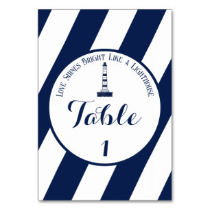 Elegant Nautical Striped Wedding -Navy Blue, White Table Number
