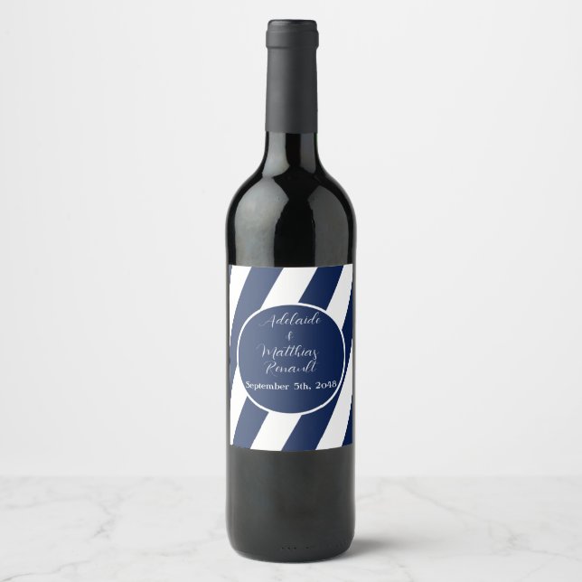 Elegant Nautical Striped Wedding -Navy Blue, White Wine Label (Front)