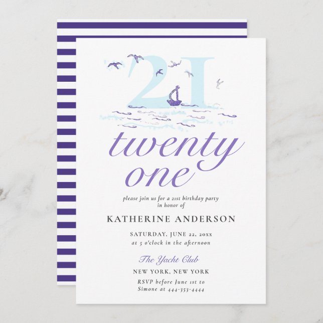 Elegant Nautical Stripes Boat Ocean 21st Birthday Invitation (Front/Back)