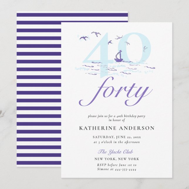 Elegant Nautical Stripes Boat Ocean 40th Birthday Invitation (Front/Back)