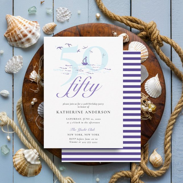Elegant Nautical Stripes Boat Ocean 50th Birthday Invitation (nautical boat ocean birds 50th birthday invitation elegant modern classy simple)