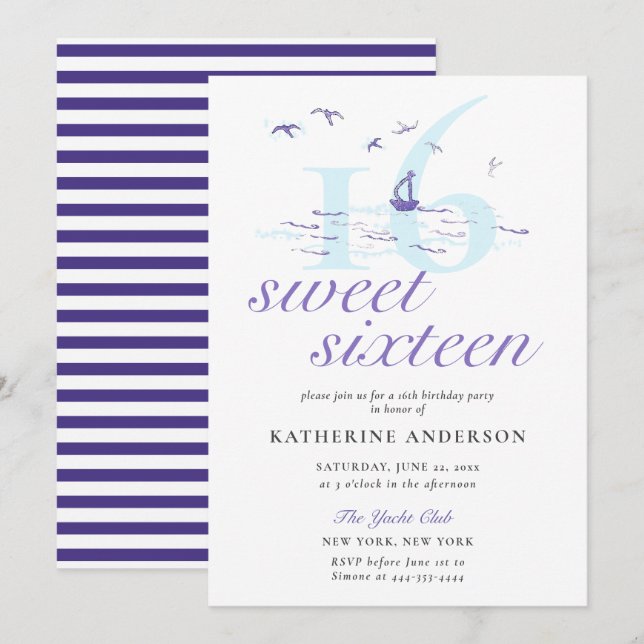 Elegant Nautical Stripes Boat Ocean Sweet 16 Invitation (Front/Back)