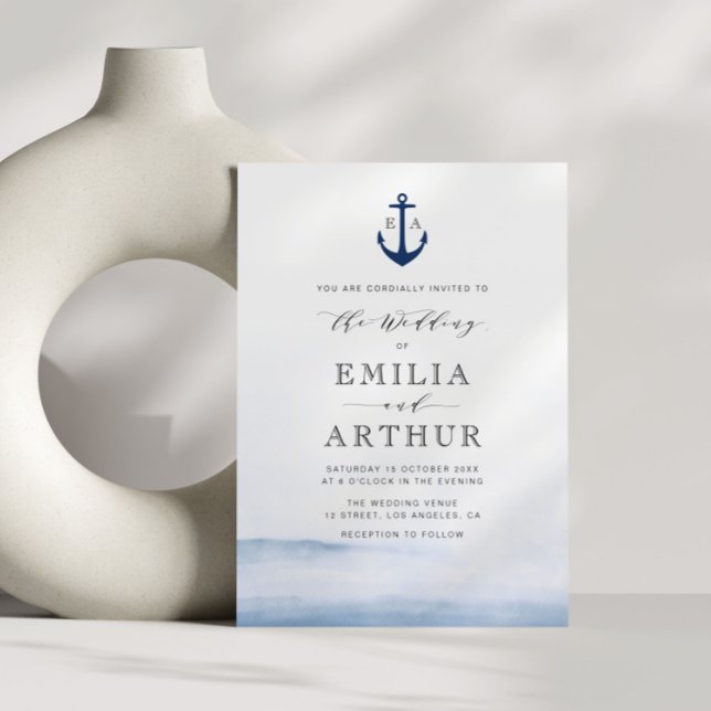 elegant nautical style watercolor blue wedding invitation (Creator Uploaded)