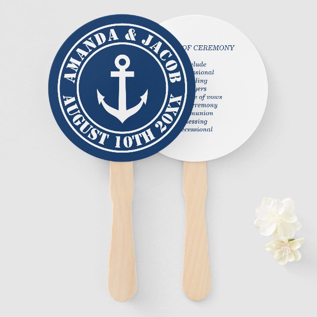 Elegant nautical wedding ceremony program schedule hand fan (Front and Back)