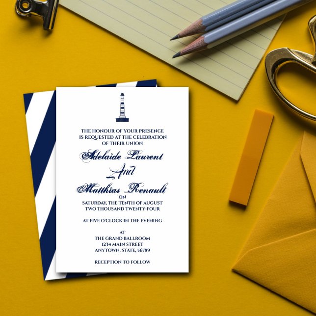 Elegant Nautical Wedding Lighthouse - Navy Blue, Invitation (Creator Uploaded)
